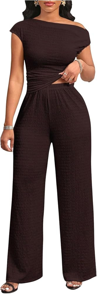 Women's 2 Piece Casual Summer Outfits Ruched Off The Shoulder Top and Wide Leg Pants Matching Set... | Amazon (US)