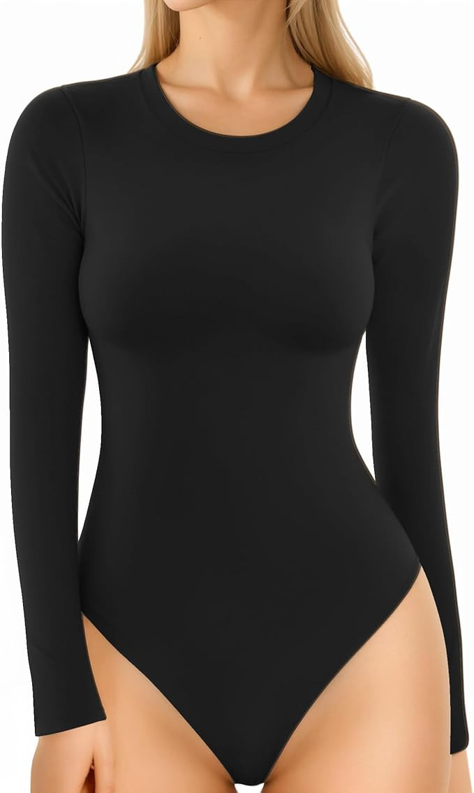 MANGOPOP Women's Crew Neck Long Sleeve Bodysuit T Shirts Basic Tops | Amazon (US)