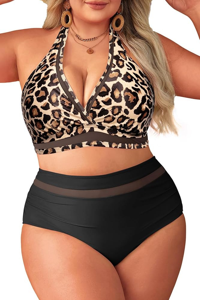 Tempt Me Women Plus Size Bikini High Waisted Swimsuits Mesh Tummy Control Two Piece Bathing Suit | Amazon (US)
