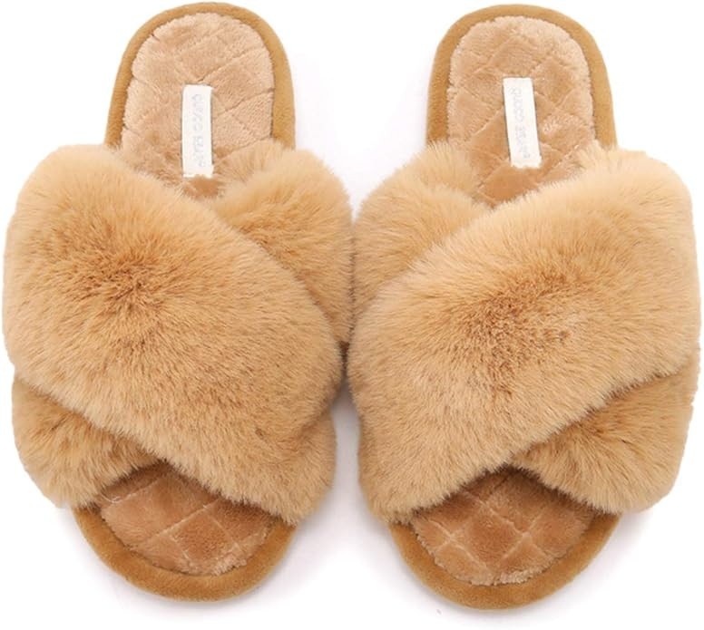Vpogn Women's Cross Band Soft Plush Fleece House Indoor Outdoor Slippers | Amazon (US)