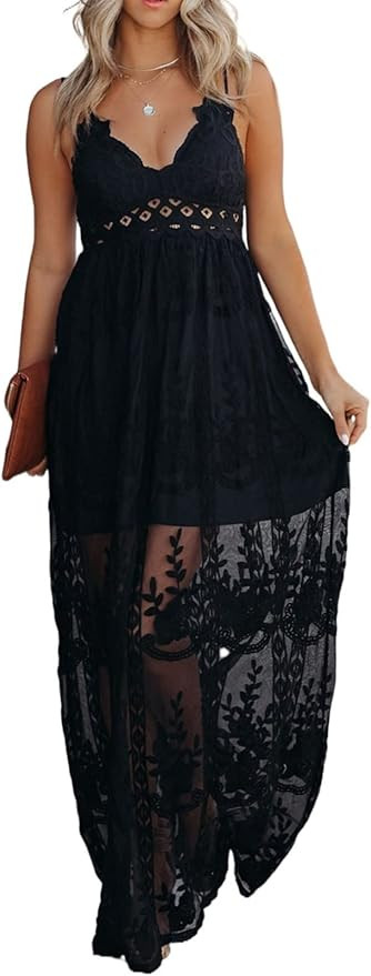 AlvaQ Womens V Neck Spaghetti Strap Lace Dress Sleeveless Sexy Backless Party Dresses with Pocket | Amazon (US)