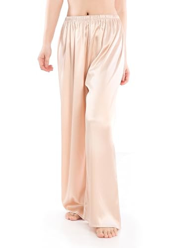 Wantschun Womens Wide Leg Pajama Pants Satin Silk Casual Loose Elastic Waist Lounge Pants Pj Bottoms Champagne ; 3XL | Amazon (US)