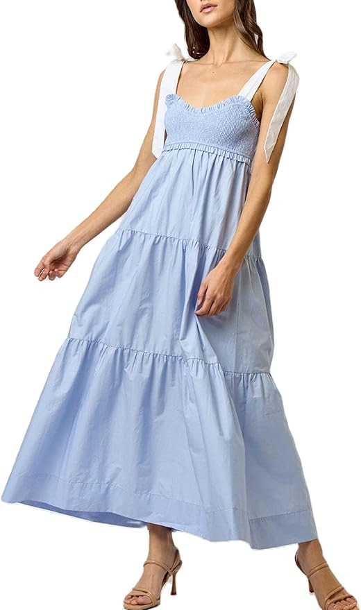 KMBANGI Women Boho Smocked Maxi Dress Tie Shoulder Y2k Floral Flowy Long Dress Swing Sleeveless S... | Amazon (US)
