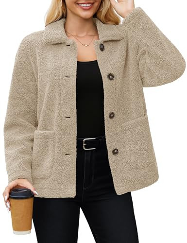 YUCOLEN Women's Fuzzy Fleece Jacket Button Down Sherpa Coats Long Sleeve Fall Winter Jacket Warm Outerwear with Pockets Khaki 2XL | Amazon (US)
