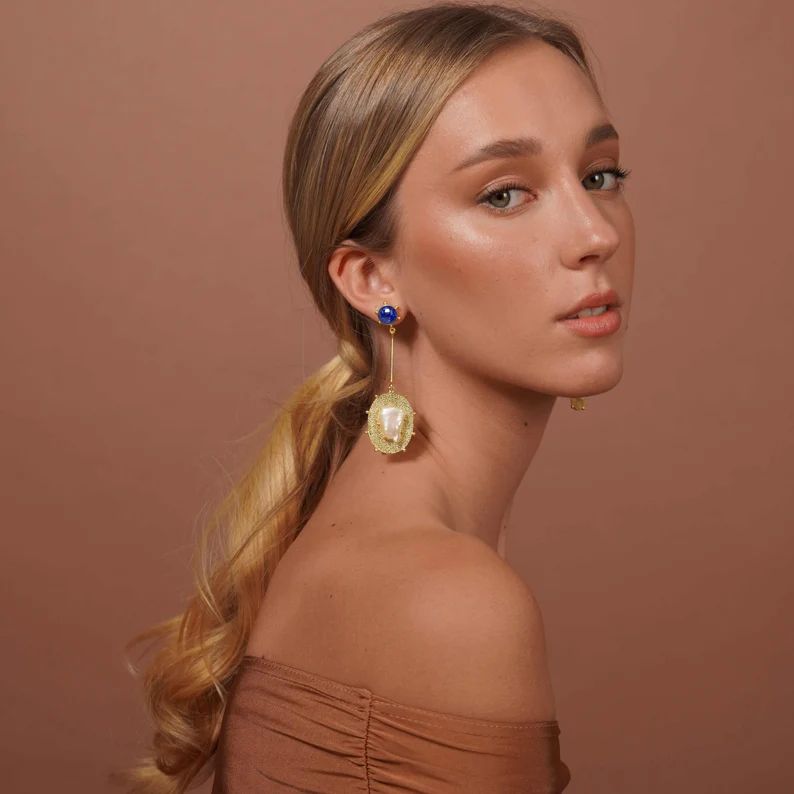 Large Elegant Gemstone Earrings, Classy Big Natural Pearl and Lapis Lazuli Earrings, Hammered Gol... | Etsy (US)