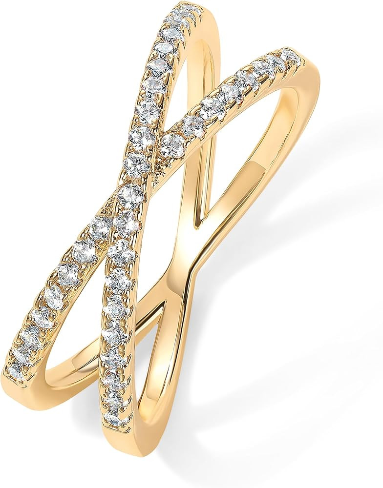 PAVOI 14K Gold Plated X Ring Simulated Diamond CZ Criss Cross Ring for Women | Amazon (US)