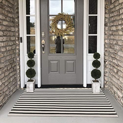 Black Stripe Rug, Collive Farmhouse Cotton Woven Area Rug Layered Welcome Door Mat Doormat, Washa... | Amazon (US)