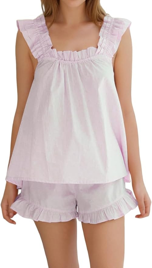 Womens Ruffle Pajama Sets Summer 2 Piece Outfits Top and Shorts Cotton Loungewear Set | Amazon (US)