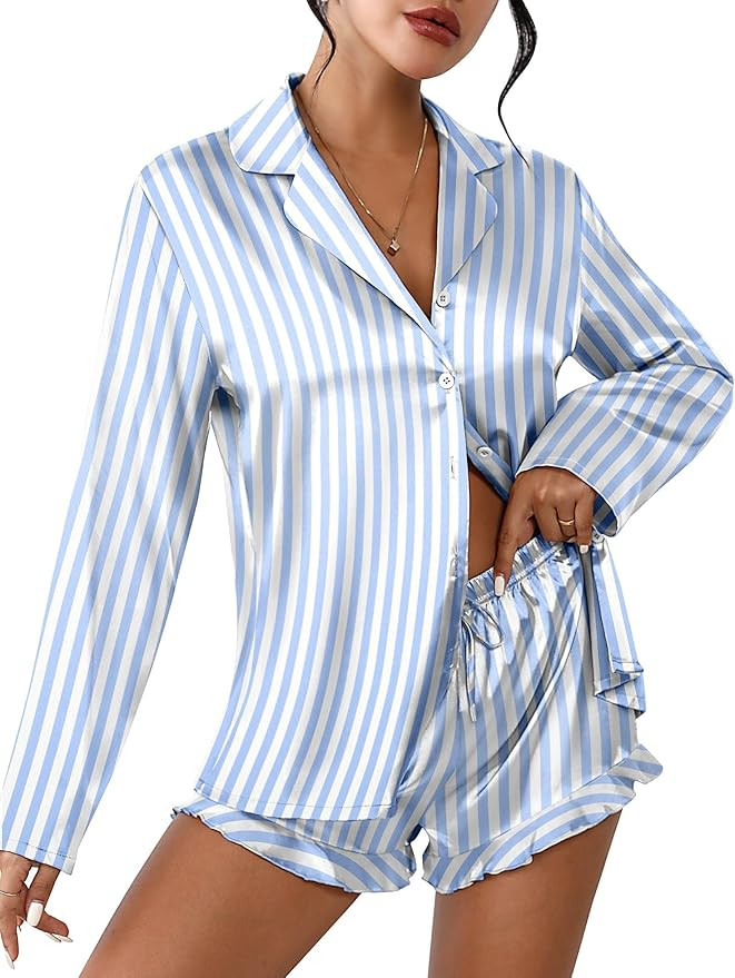Ekouaer Womens Satin Pajama Sets Long Sleeve Top and Shorts Lounge Set Button Down Sleepwear | Amazon (US)