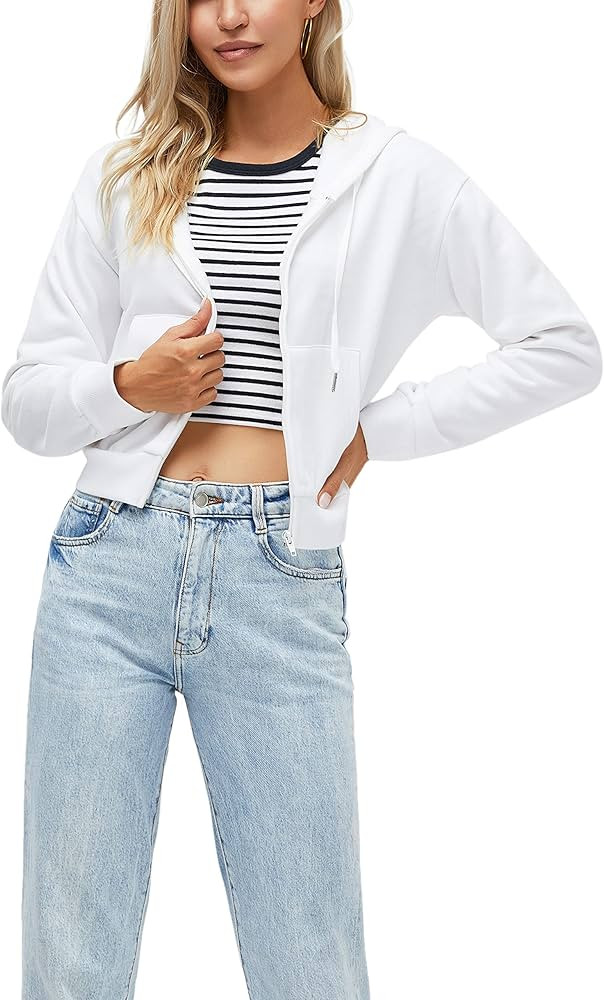 Germinate Cropped Zip Up Hoodie Women White Black Grey Cotton Cute Basic Zipper Short Crop Sweats... | Amazon (US)