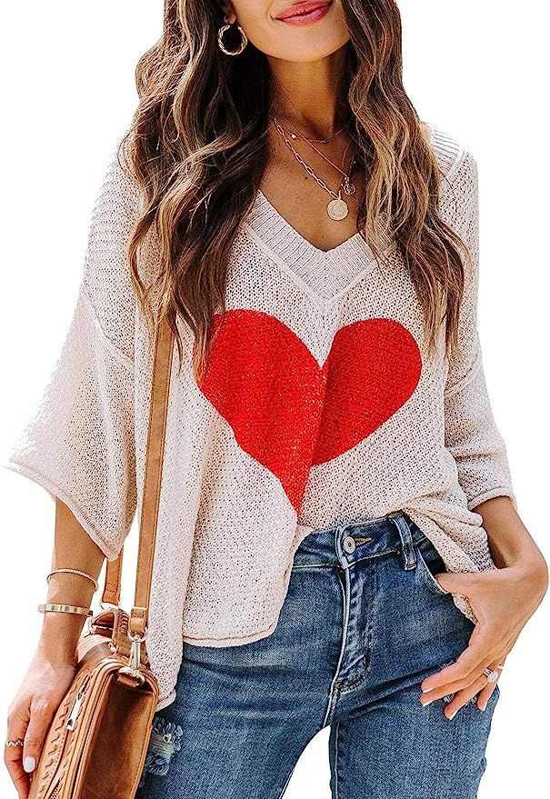 Ermonn Womens Cute Heart Sweater V Neck Crochet Knit Off Shoulder 3/4 Sleeve Pullover Tops Shirts | Amazon (US)