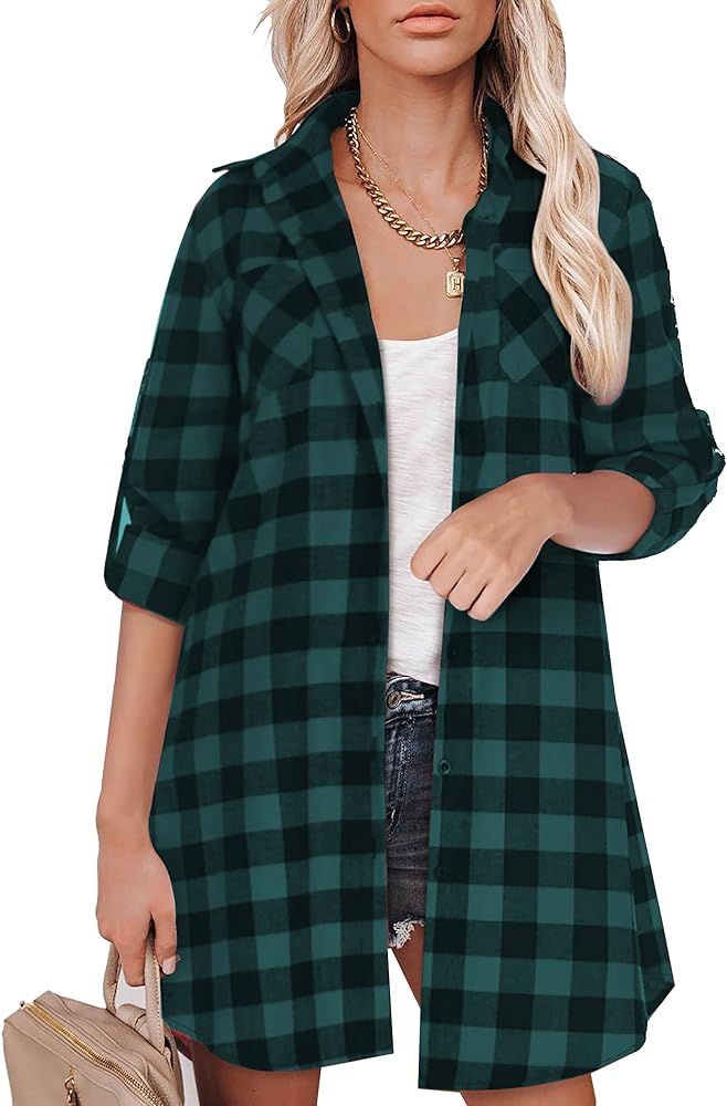 HOTOUCH Womens Flannel Plaid Shirts Dress Roll Up Long Sleeve Pockets Casual Button Down Long Shi... | Amazon (US)