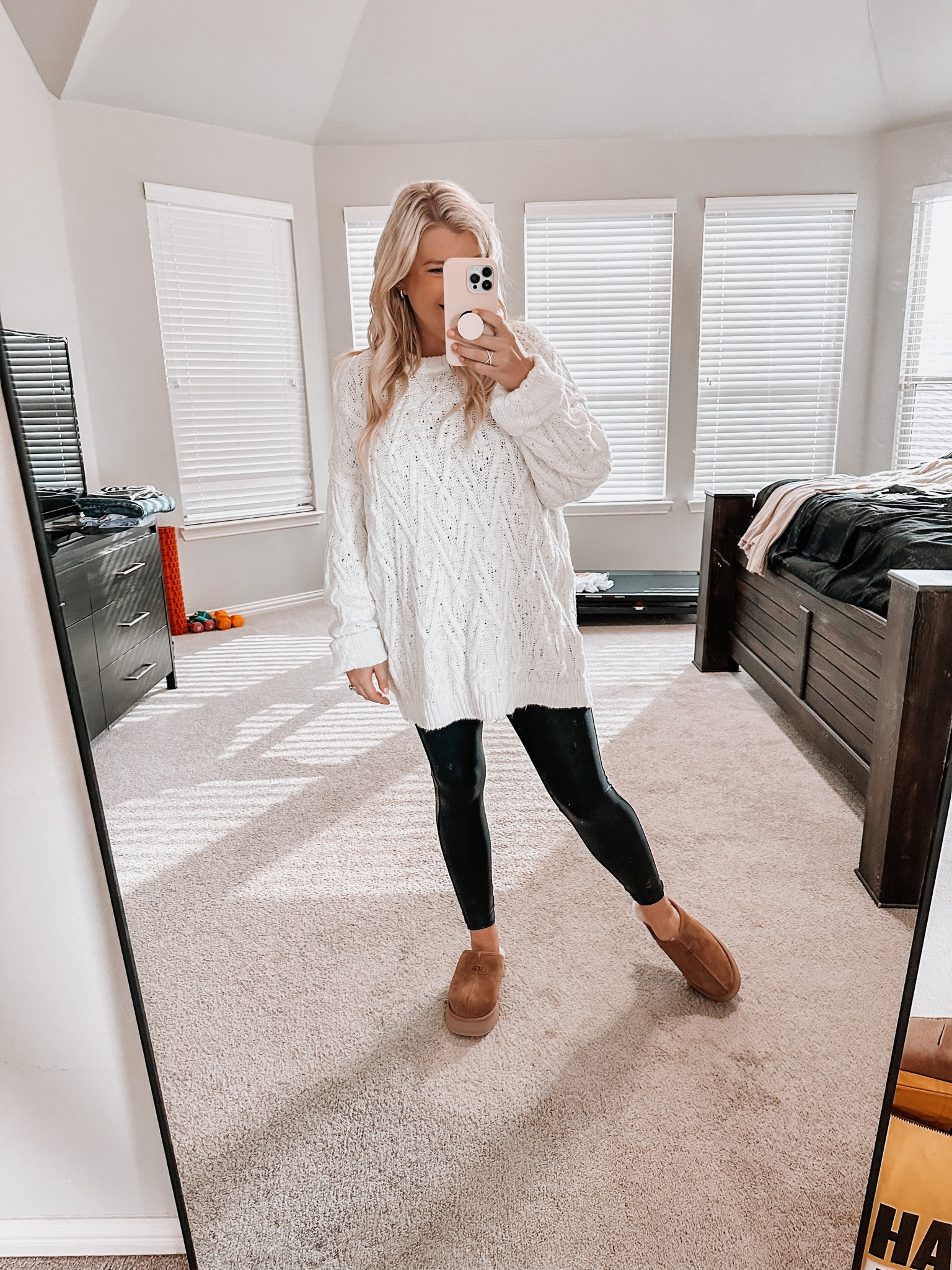 Nordstrom Anniversary Sale Tryon. 
Sizing:
Free People Sweater (Runs big) - medium
Spanx Faux Leather Leggings- LP
Ugg Slippers- 9 (Sized up)

casual fall outfit. bump friendly fall outfit. spanx legging outfit. fall maternity outfit. winter maternity outfit. casual maternity outfit. postpartum outfit ideas  

#LTKbump #LTKxNSale #LTKunder100