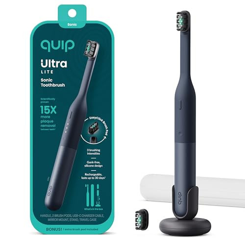 Quip Ultra Lite Sonic Electric Toothbrush, Slim Lightweight Design, 3 Brushing Modes, 15X More Plaque Removal, Pressure Sensor & 30-Day Battery, Ash Black | Amazon (US)