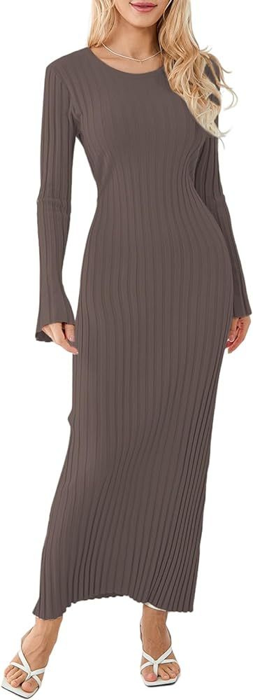 Women Ribbed Knit Long Sleeve Maxi Dress Slim Fit Solid Color Bodycon Pencil Long Dress Casual Fa... | Amazon (US)