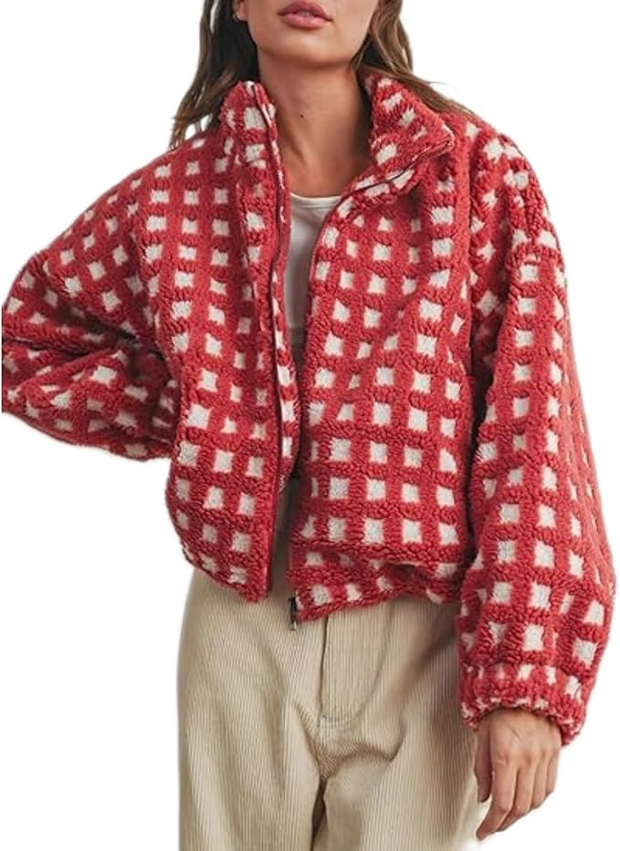Women's Checkered Sherpa Jacket Long Sleeve Fuzzy Cropped Fleece Jackets Winter Casual Loose Tedd... | Amazon (US)