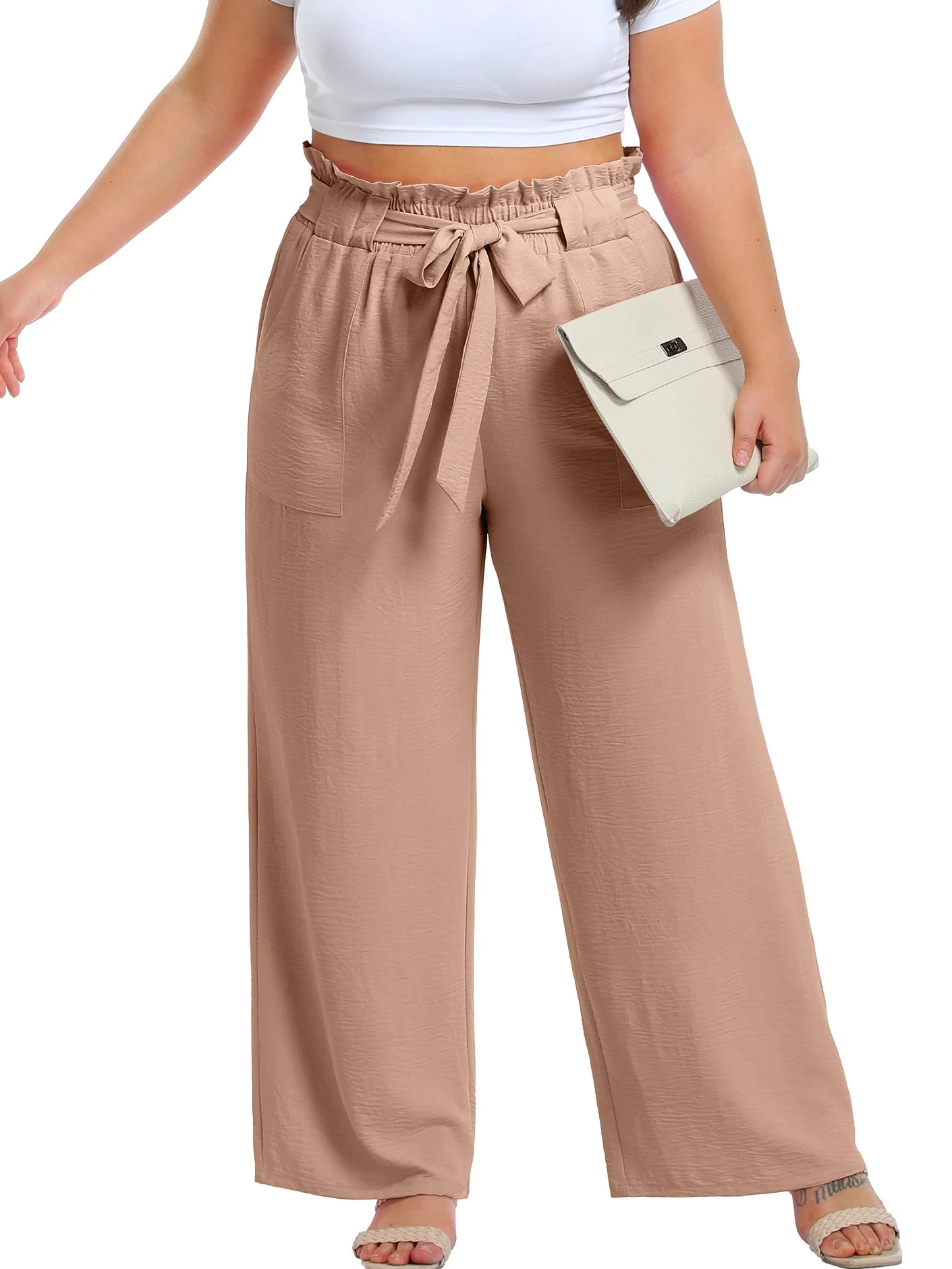 Cueply Womens Wide Leg Pants Plus Size Elastic Tie Knot Lounge Pants Loose Trousers with Pockets ... | Walmart (US)