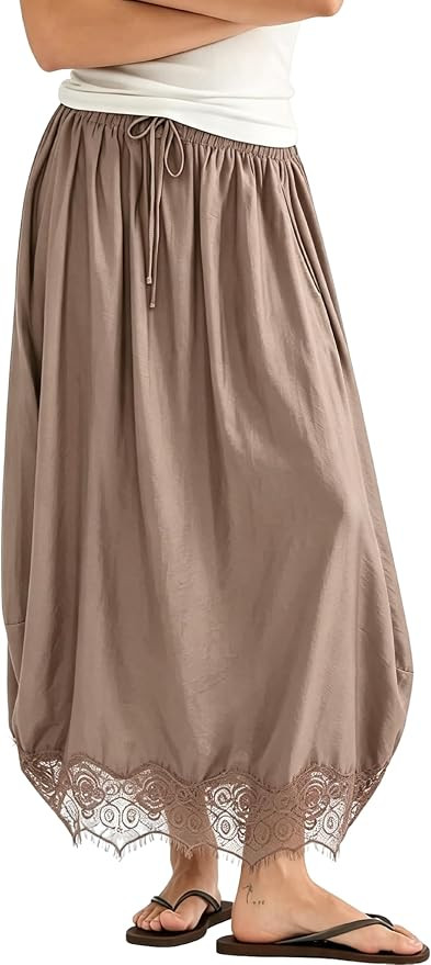 Tanming Women's Drawstring High Waist Lace Hem Midi Skirt | Amazon (US)
