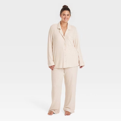 Women's Cozy Ribbed Long Sleeve Notch Collar Shirt and Pants Pajama Set - Auden™ Oatmeal 4X | Target