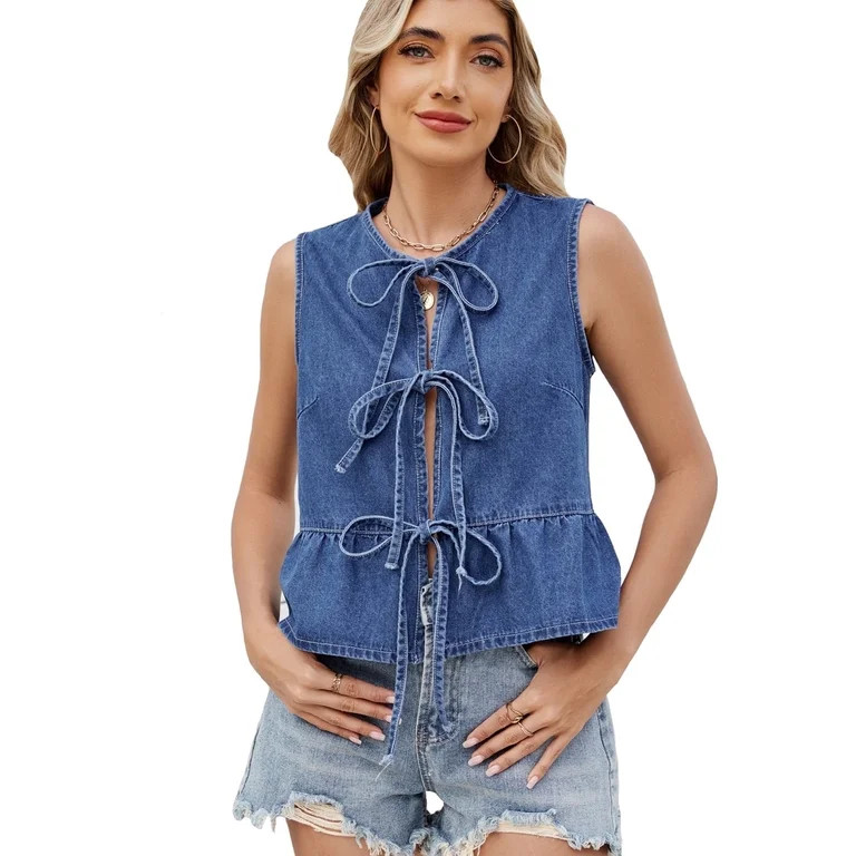 Women's Tie Front Denim Vest Sleeveless Jean Top Shirt | Walmart (US)