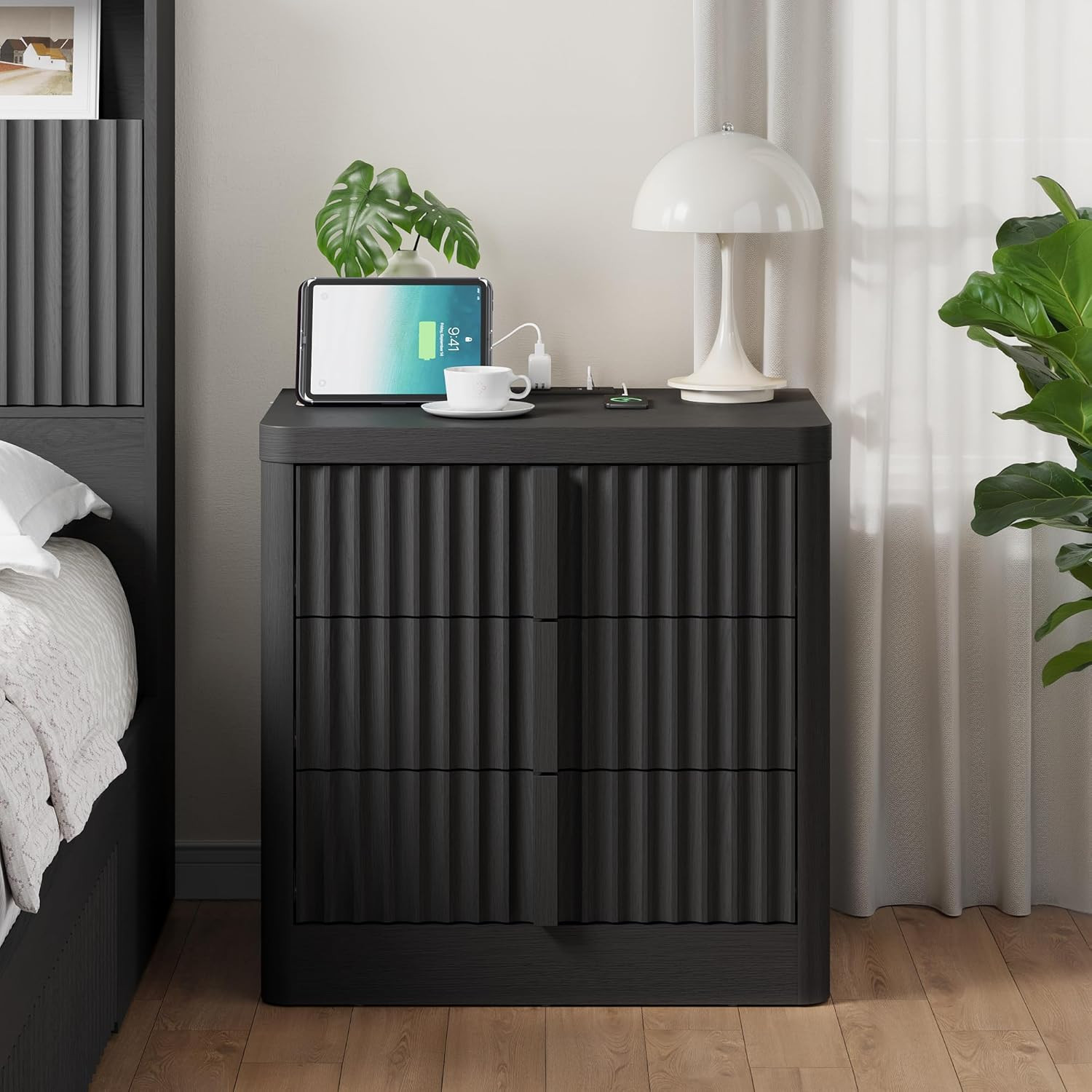 Fluted Nightstand with Charging Station, 23.6" Night Stand with Solid Wood Handle, Mid Century Mo... | Amazon (US)