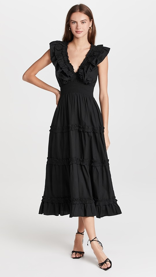 Black Poplin V Neck Ruffle Midi Dress | Shopbop