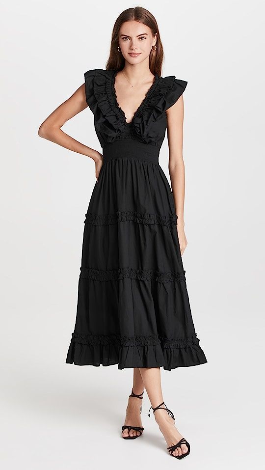 Love The Label Black Poplin V Neck Ruffle Midi Dress | SHOPBOP | Shopbop