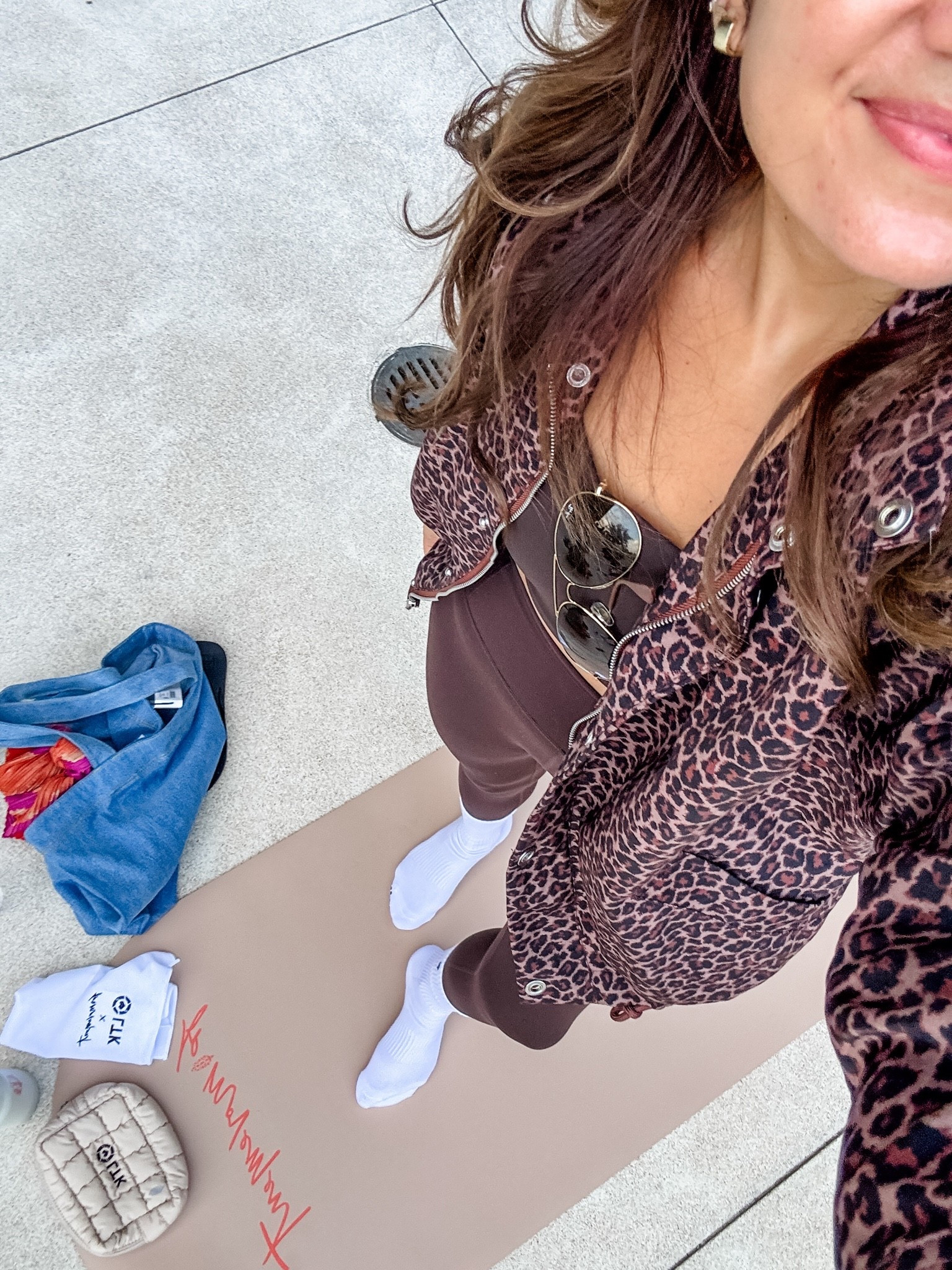 Pilates / barre workout class this morning! Obsessed with this chocolate brown set from free people! Leopard jacket from Anthro! Small bottoms, medium bra top, small jacket.

#LTKCon #LTKOver40 #LTKTall