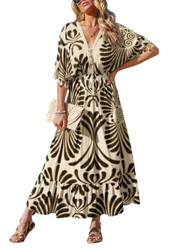 CUPSHE Women Summer Dresses Tassel Tie Front V Neck Batwing Sleeve Smocked Flowy Hawaiian Casual Maxi Dress Black, L | Amazon (US)