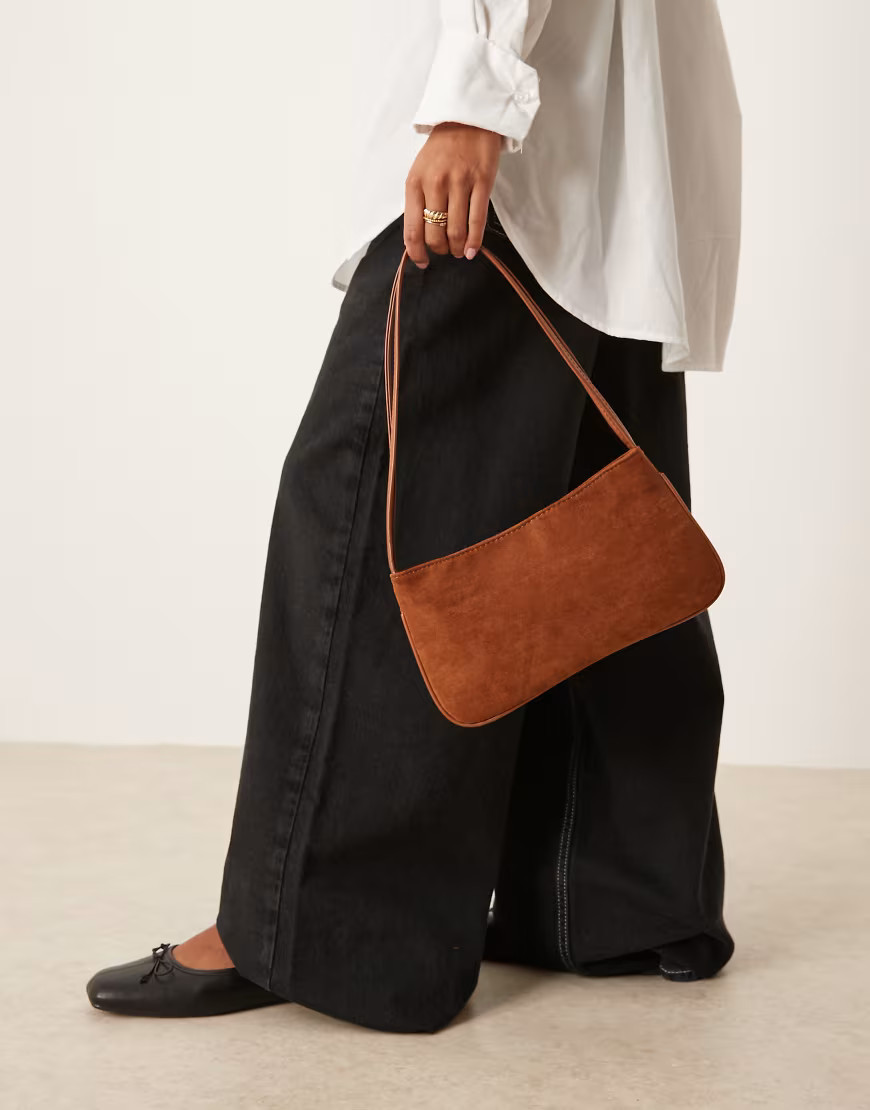 ASOS DESIGN faux suede shoulder bag with skinny straps in brown | ASOS (Global)