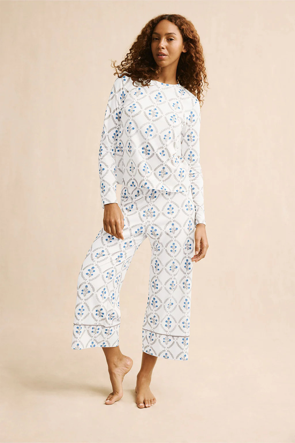 Pima Crew Long Sleeve Wide Leg Pajama Set in Sandstone Wreath | Lake Pajamas