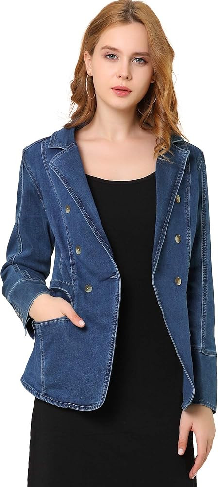Allegra K Women's Jean Blazer Lapel Long Sleeve Work Office Denim Jacket with Pockets | Amazon (US)