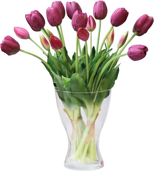 20pcs Artificial Tulip Flowers,16 Inch Real Touch Tulip Stems with Faux Leaves, Faux Tulips and B... | Amazon (US)
