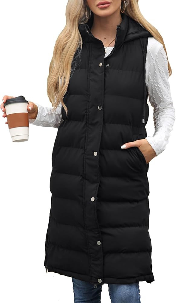 Womens Long Puffer Vest Sleeveless Hooded Winter Outwear Gilet Quilted Button Down Zip Up Vests W... | Amazon (US)