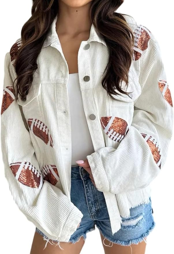 happlan Football Sequin Embroidery Rugby Cropped Frayed Hem Vintage Washed Corduroy Jacket Coat S... | Amazon (US)