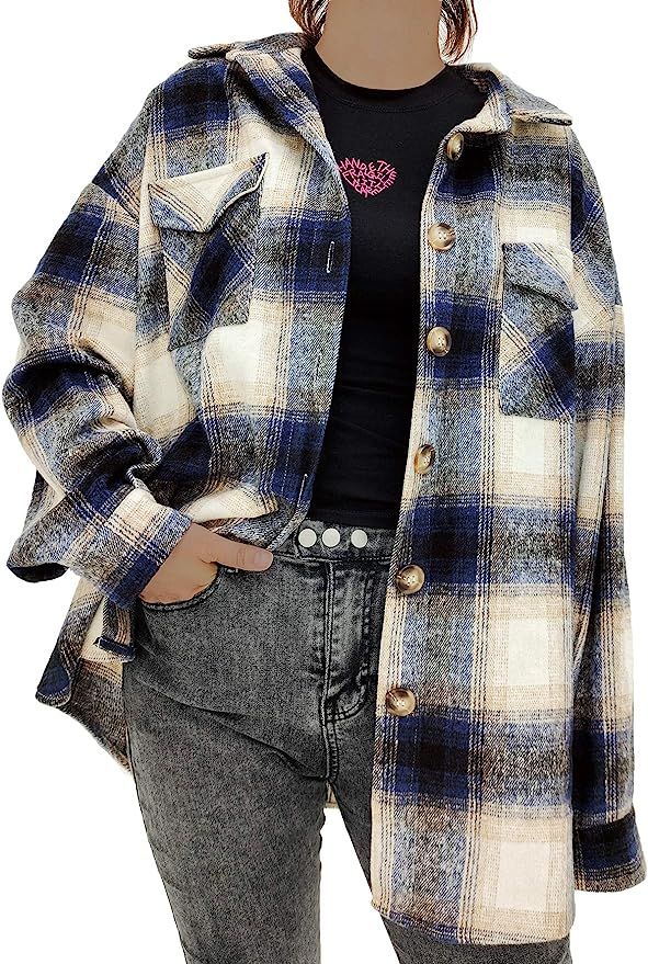 Women‘s Casual Oversize Label Button Down Long Sleeve Blend Wood Plaid Shacket Jacket Coat | Amazon (US)