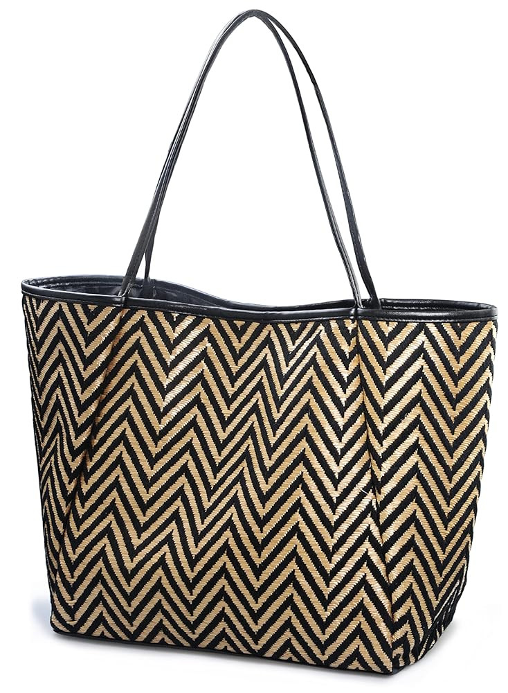 HOXIS Oversized Beach Tote with Vegan Leather Trim Women Shoulder Handbag | Amazon (US)