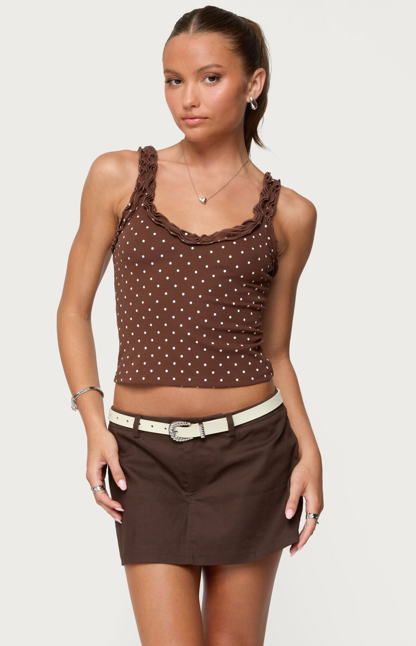 Edikted Women's Pippin Ruffle Polka Dot Tank Top in Brown - Size Small | PacSun