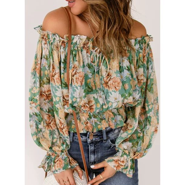 EVALESS Womens Summer/Fall Floral Print Chiffon Blouses 3/4 Ruffle Sleeve Off Shoulder Drawstring... | Walmart (US)