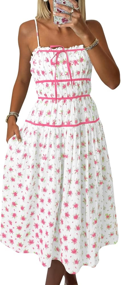 Wenrine Womens Floral Midi Dress Summer Spaghetti Strap Casual Sleeveless Ruffle Boho Flowy Beach... | Amazon (US)