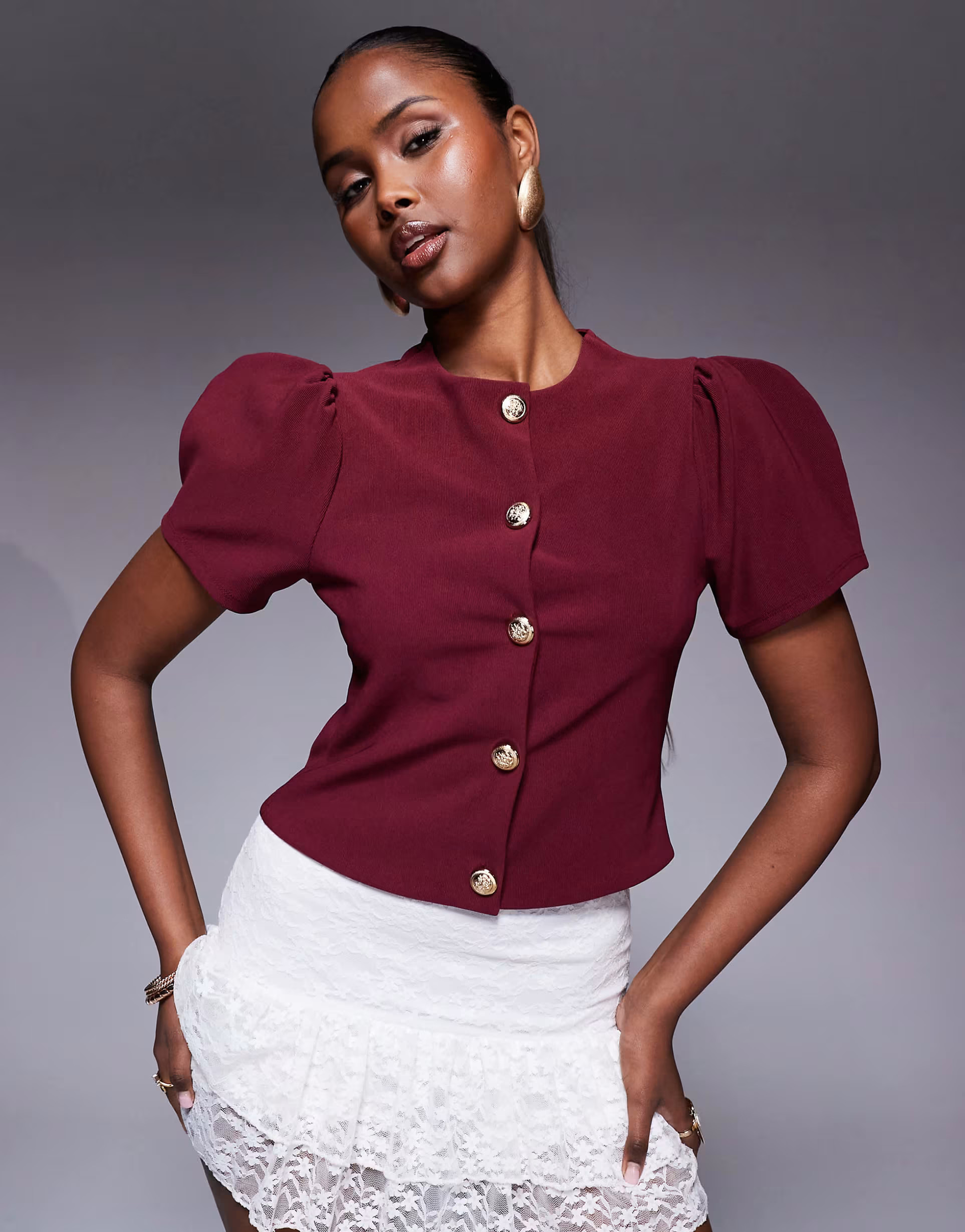 ASOS DESIGN ribbed puff sleeve structured button up top in burgundy | ASOS (Global)