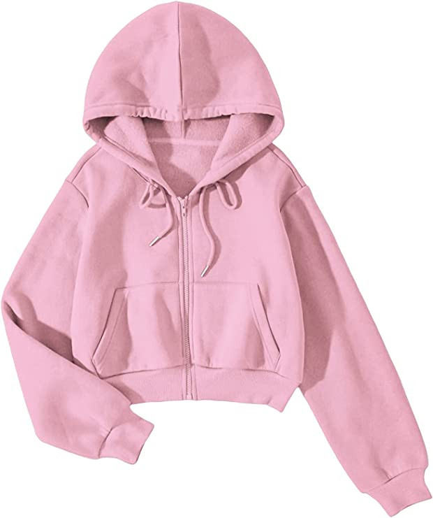 SheIn Women's Cropped Full Zip Up Long Sleeve Drawstring Hoodie Sweatshirts Top | Amazon (US)