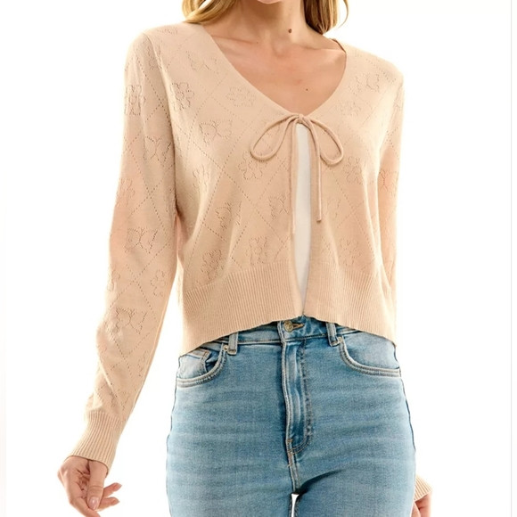Ultra Flirt Butterfly Pointelle Cardigan V-Neck Cream Tan Tie Large Juniors | Poshmark