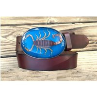 Real Scorpion Southwestern Brown Leather Belt - Removable Strap Blue Cabochon Preserved Scary Mexico | Etsy (US)