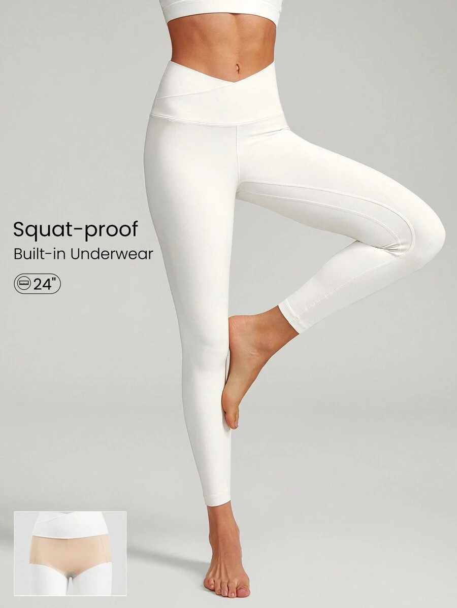 GLOWMODE 24" FeatherFit™ Crossover Leggings With Built-In Underwear Light Support Low Impact Yo... | SHEIN