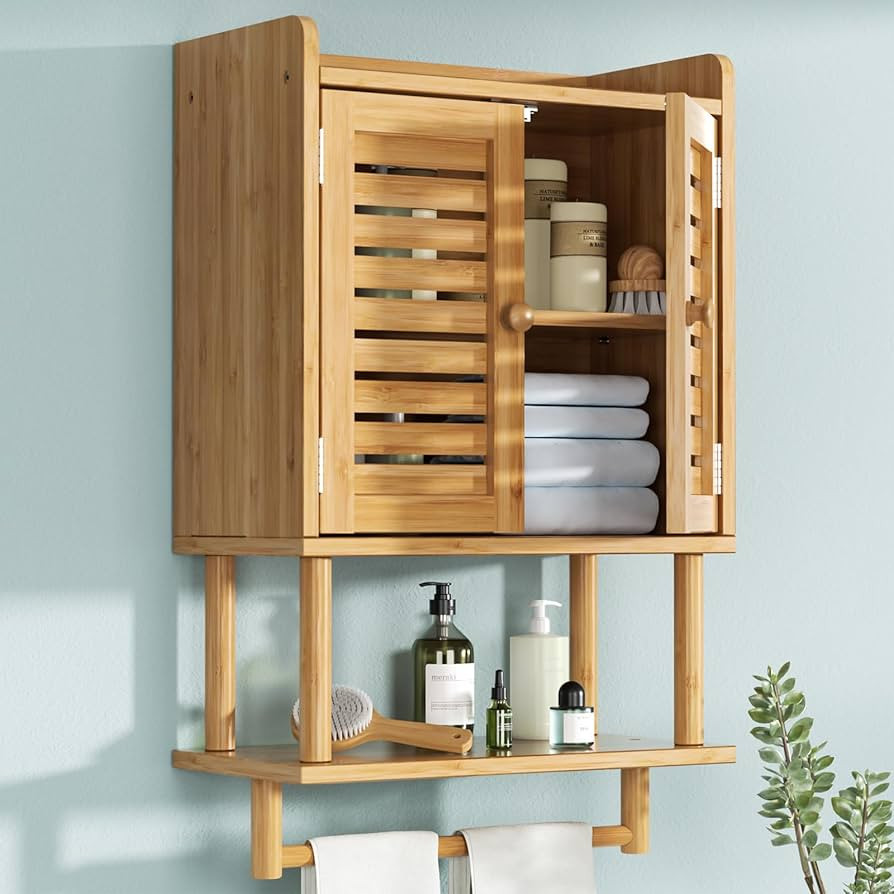 AmazerBath Bathroom Wall Cabinets, Bamboo Medicine Cabinets with Towel Bar, Wall Mounted Storage ... | Amazon (US)