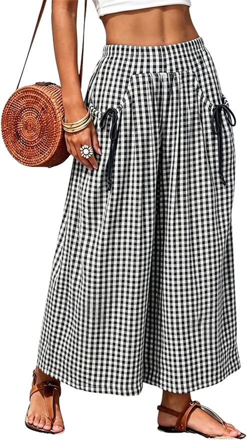 SeekMe Women's Gingham Wide Leg Pants Elastic Waist Plaid Palazzo Trousers Summer Casual with Poc... | Amazon (US)