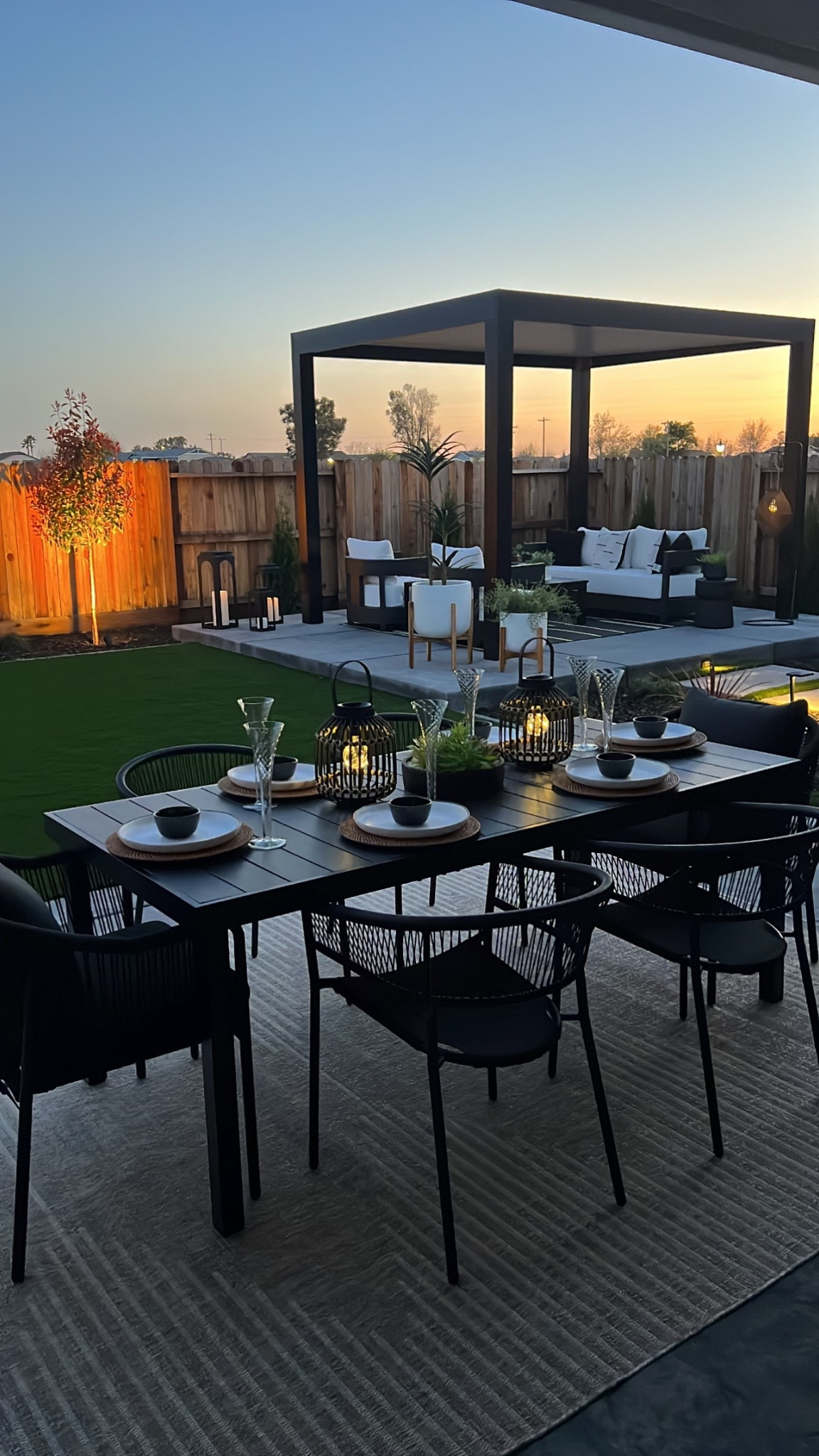 Black pergola, outdoor furniture, outdoor chairs, outdoor dining table, backyard furniture, 