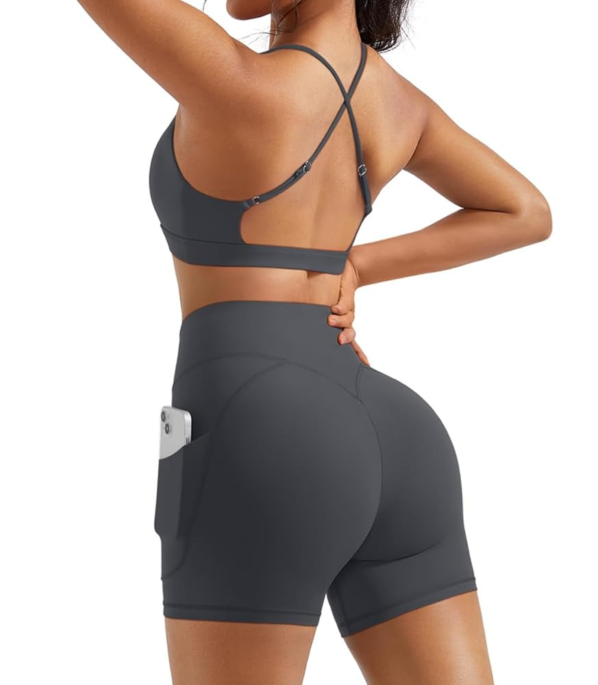 OMKAGI 2 Piece Workout Sets for Women Open Back Padded Sports Bras Booty Shorts with Pockets Gym ... | Amazon (US)