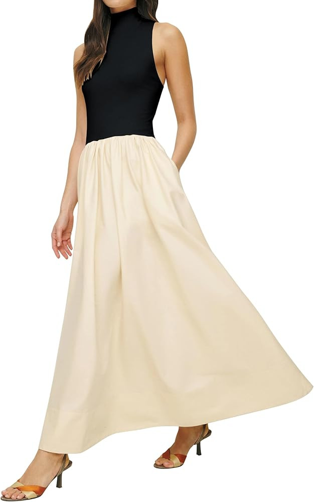 Lauweion Vestido largo sin mangas de cuello alto para mujer, con retazos, casual, sólido, con vu... | Amazon (US)